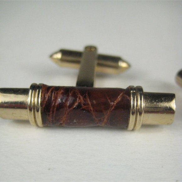 Leather Goldtone Set 2 Cufflink Vintage Bullet MCM MOD Midcentury Modern - Picture 6 of 6